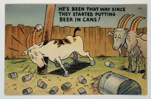 Vintage 1941 Linen Era Comic Goat Beer Cans Postcard Divided Back - Picture 1 of 2