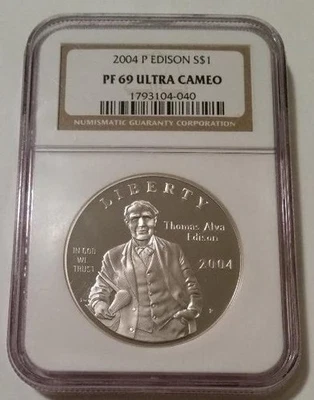 2004 P Thomas Edison Commemorative Silver Dollar Proof PF69 UC NGC - Image 1 of 2