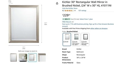 Kichler bathroom mirror brushed nickel beveled accent 24 x 30 41011 - Image 1 of 2