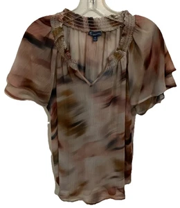Democracy Top Blouse M Cream Tan Gray Artsy Sheer Stretch Neck - Picture 1 of 3