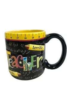 Terrific Teacher Coffee Mug Black Chalkboard Script Background Yellow Ruler Rim - Picture 1 of 10