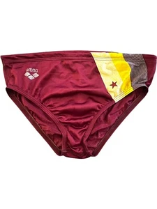 Vtg Arena 100% Nylon Men's Swim Brief 32 Lining Red Yellow Speedo Drawstring 70s - Picture 1 of 14