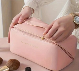 Large Leather Toiletry Cosmetic Bag Women Make up Wash Organizer Travel Storage - Picture 1 of 3