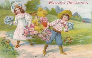 EASTER - Dressed Up Children Carrying Basket Of Chicks and Flowers Postcard-1911 - Picture 1 of 2