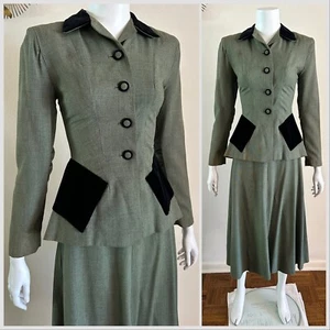 1940s 2 pc Skirt Suit Set Nipped Waist Blazer Jacket Velvet Peplum Gab WWII VTG - Picture 1 of 24