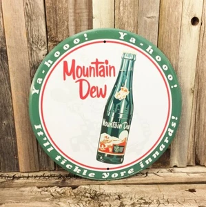 Mountain Dew Yahoo! Logo Pop Soda Round 12" Green Metal Tin Sign Bar Kitchen New - Picture 1 of 1