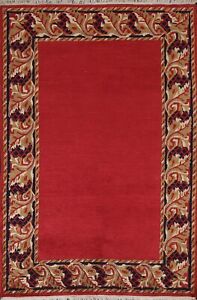 RED Bordered Nepal Tibetan Oriental Area Rug Hand-knotted Wool Foyer 4x5 Carpet