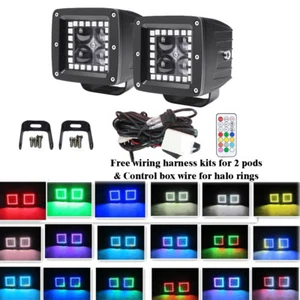 Set 4D RGB Halo Chasing Led Work Light Cube 3X3" Pods & Wiring Harness kits - Picture 1 of 10