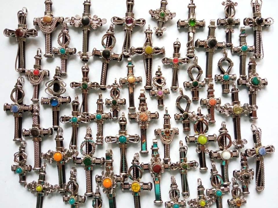 ✨Al Por Mayor 50 Cruz Peruana Colgante Murano y Piedra Cabujón Alpaca Plata Arte✨ Foto 1 de 4