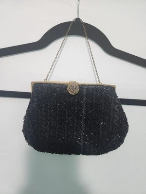 Bolso Stix, Baer y Fuller vintage años 50-60 negro con cuentas con oro ornamentado rosa y adornos Foto 1 de 4