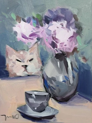 Коллекционная художественная картина художника цветы кошка Хосе Трухильо 16x20 дюймов - Изображение 1 из 4