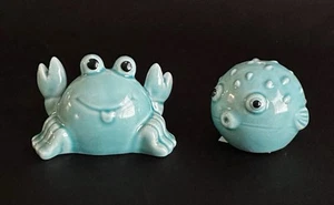 Cracker Barrel Turquoise Glazed Crab & Blowfish Salt & Pepper Shakers NWT - Picture 1 of 8