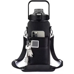 64 Unzen halbe Gallone Wasserflasche schwarz mit Hülle, Zeitmarkierung und Strohhalm - Bild 1 von 5