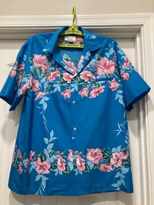 Helena's Vintage Classic Blue & Pink Hibiscus Hawaiian Shirt SZ L - Picture 1 of 8