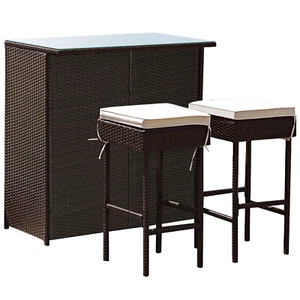3PCS Patio Rattan Wicker Bar Table Stools Dining Set Cushioned Chairs Garden - Picture 1 of 11
