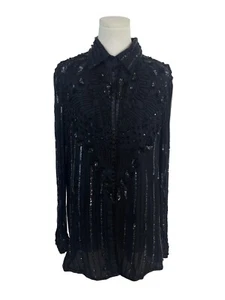 Vintage Black Beaded Sheer Button-Up Blouse With Sequin & Embellished Details - Picture 1 of 5