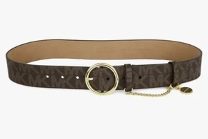 MICHAEL KORS Womens Signature Belt Brown Faux Leather Gold Chain Charm Large - Picture 1 of 6