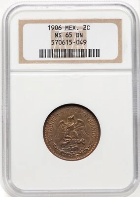 MEXICO ESTADOS UNIDOS 1906  2 CENTAVOS COIN, NGC CERTIFIED UNCIRCULATED MS65-BN - Image 1 of 3