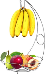 NEW 2 IN 1 CHROME BANANA HOOK HANGER TREE FRUIT BOWL BASKET STAND APPLE ORANGE - Picture 1 of 8