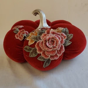Vintage Rachael Zoe bestickt rot Kürbis Kissen Dekor 12" Rosen - Bild 1 von 7