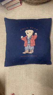 Vintage Polo Ralph Lauren Teddy Bear Throw Pillow Navy Blue Red Checkered Cotton - Image 1 of 4