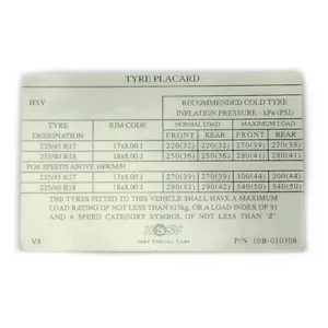 Genuine HSV Decal Tyre Placard for VT VX VY VZ HSV 18in 235/45 R17 235/40 R18 - Picture 1 of 2