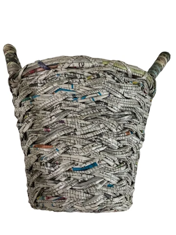 Vintage 1970s Basket Newspaper/Magazine Folded Coiled Print Woven Folk Art Cover