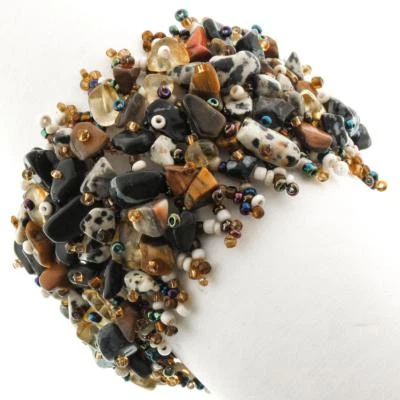Wide Mixed Tiger Eye Onyx Gem Chips Glass Seed Beads Handmade Bracelet, 2" - Image 1 of 3