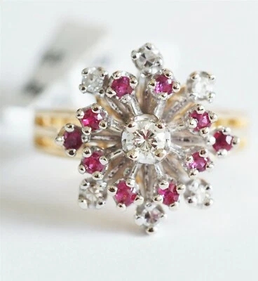 14K Yellow Gold 1/4cttw Natural Diamond & Ruby Snowflake Cluster Ring (CAT) - Image 1 of 4