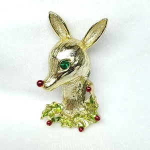 Vintage Gerry Rudolph Reindeer Rhinestone Eye Enamel Holly Christmas Brooch Pin - Picture 1 of 4