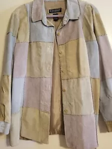 DIALOGUE VINTAGE WASHABLE PATCHWORK SUEDE JACKET/1X CAMEL-BLUE-GREEN & LAVENDER - Picture 1 of 7