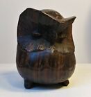 Vtg Small Hand Carved Wood Owl Bird Brown Dark Handmade Perched Figure MCM  3&quot;