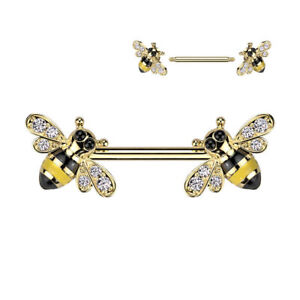 Pair of 14 Gauge Nipple Ring Straight Barbell Surgical Steel With CZ Bee Gem End