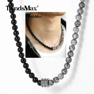 Collar de cuentas de vidrio negro piedra jaspe natural acero inoxidable cierre de palanca regalo Foto 1 de 4