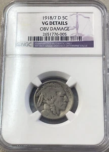 1918/7 D BUFFALO NICKEL NGC VG DETAILS OBVERSE DAMAGE FREE SHIPPING - Picture 1 of 4