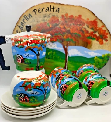 Набор эмалированных кружек с ручной росписью — Casita de Campo y Framboyán — загородный дом и пламя - Изображение 1 из 4