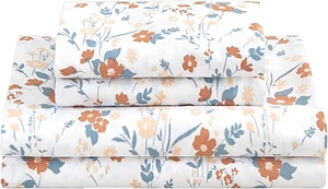 Floral Queen Sheet Set Orange Flower Bed Sheets Queen Printed Sheets Queen - 4 P - Picture 1 of 12