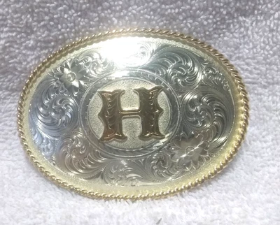 Montana Silversmiths Silver Flower Filigree Letter H Buckle Gold Rope Edge Great - Image 1 of 4