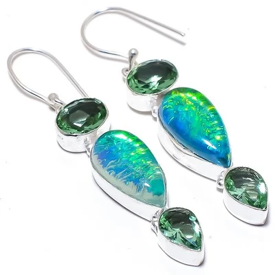 Triplet Fire Opal, Apatite Gemstone 925 Sterling Silver Jewelry Earring 2.5" - Image 1 of 4