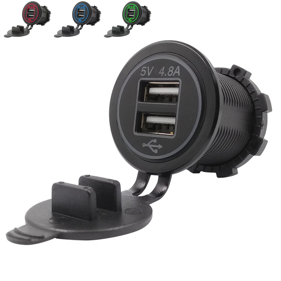 Cargador de alimentación USB de doble puerto 2.4A LED azul con fusible de cable para ATV motocicleta barco Foto 1 de 4