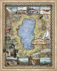 Póster con impresión de arte de mapa de Lake Tahoe California estilo vintage pared gran decoración del hogar - Imagen 1 de 1