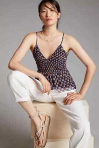Anthropologie Women's Mesh V-Neck Tank TOP Blue Motif NWT 70 Sz L - Picture 1 of 7