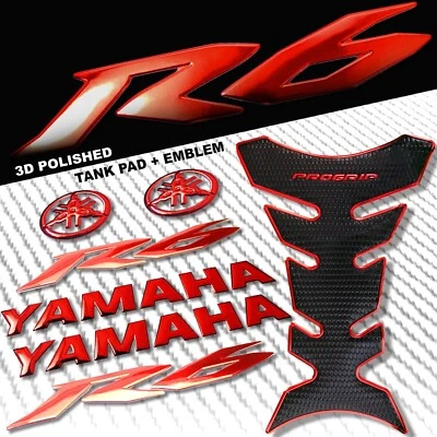 CHROMED RED PRO GRIP FUEL TANK PAD+6" YAMAHA LOGO+YZF-R6 FAIRING EMBLEM STICKER - Image 1 of 4