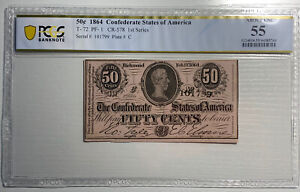 T-72 PF-1 1864 $0.50 Confederate Paper Money - PCGS-B About Uncirculated 55!