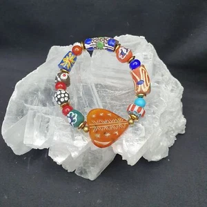 Vintage African Glass Beads with Heart Shape Carved carnelian Bracelet - Picture 1 of 9