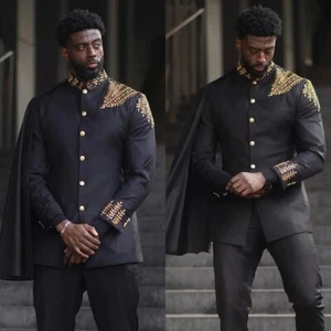 African Black Men Suits with Cape Standing Collar Gold Embroideries Prom Tuxedos - Picture 1 of 12