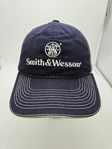 Smith and Wesson Classic Logo Trucker Stitch Sewn Snapback Hat Navy - Picture 1 of 6