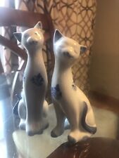 Pair of Vintage Porcelain Blue & White Siamese Cat Figurines, Andrea by Sadek