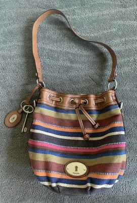 FOSSIL MADDOX 皮革多色条纹帆布拖把包 ~ ZB4737 — 第 1/4 张图片