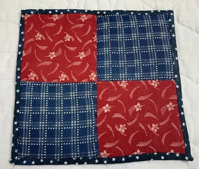 Antique Vintage Patchwork Quilt Table Topper, Four Patch, Early Calico, Red Blue - Image 1 of 4